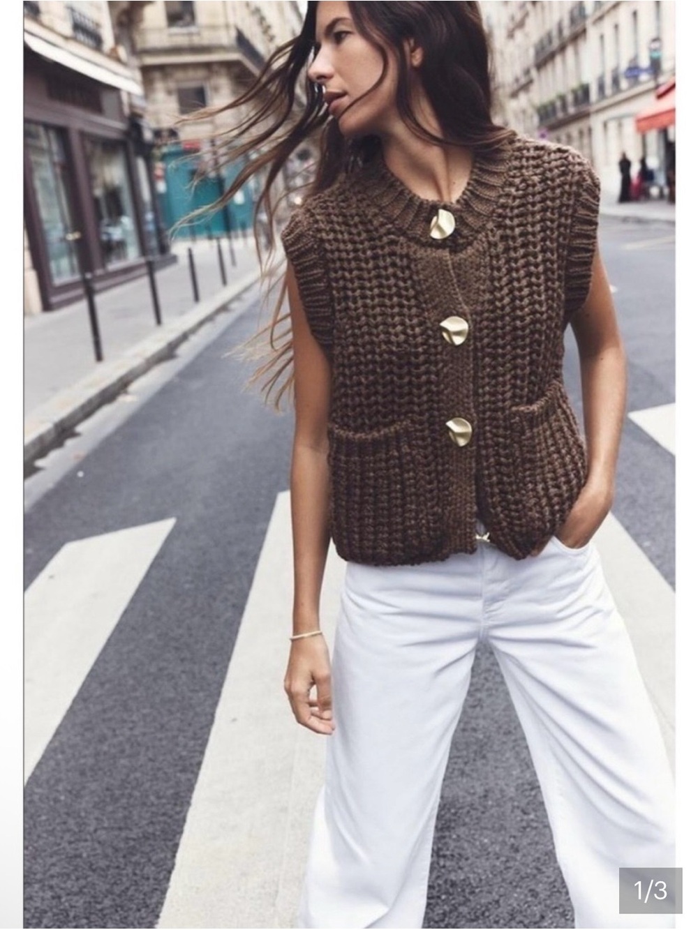 Zara Chunky Knit Sleeveless Vest - Brown with Gold Buttons